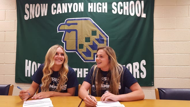 Snow Canyon's Shaylee Reed (left) and Mada Mooring (right) sign their Letters of Intent to Snow College on Friday.