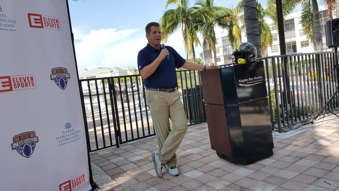 Steve Quinn, vice president of All-American Games, talks about bringing the FBU National Championships back to Naples during a press conference at Naples Bay Resort on Sept. 26, 2017.