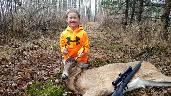 Trenton Kaczmarek, 6, of Stevens Point, shot this buck while hunting with his father, Michael Kaczmarek, on opening day of the 2017 Wisconsin gun deer season.