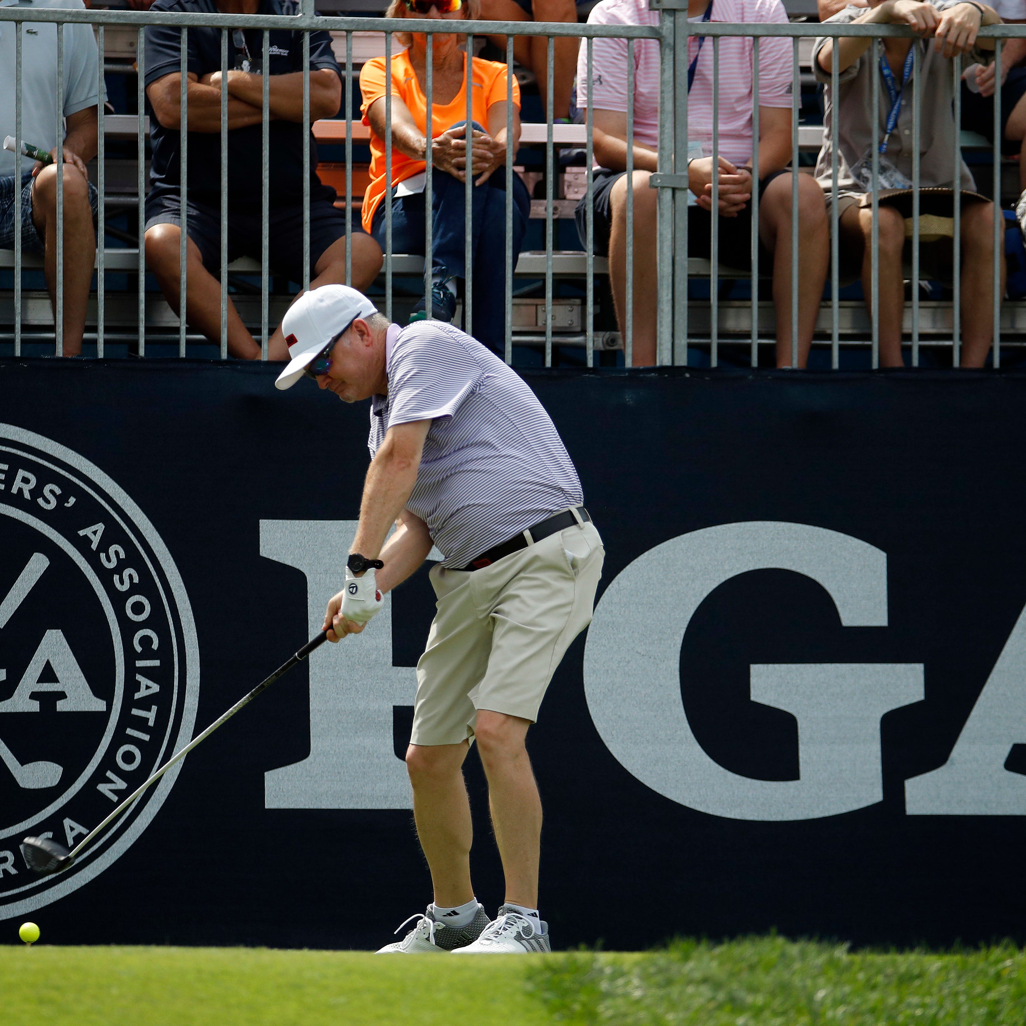 Craig Bowden hits on the driving range during a practice round for the PGA Championship golf tournament at Bellerive Country Club, Wednesday, Aug. 8, 2018, in St. Louis. (AP Photo/Charlie Riedel)