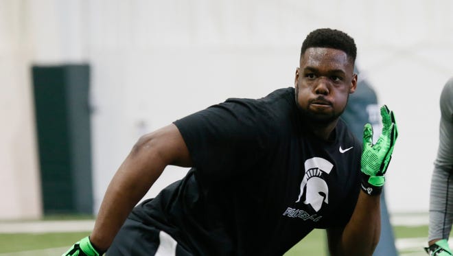 Michigan State defensive lineman Joel Heath participates on Pro Day at the Duffy Daugherty Football Building in East Lansing. on Wednesday, March 16, 2016.