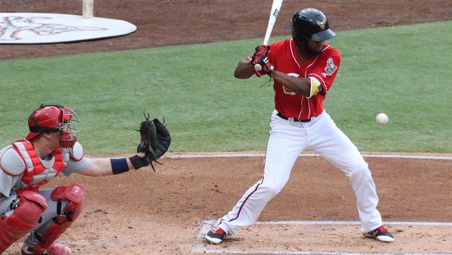 Manuel Margot of the El Paso Chihuahuas eyes the ball against the Memphis Redbirds Tuesday night at Southwest University Park. 