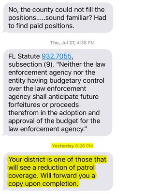 Shortly after the Escambia County Commission passed the budget on Tuesday, Sept. 26, 2017, Sheriff David Morgan sent Commissioner Jeff Bergosh a text message about reducing patrols in his district. Bergosh posted a screenshot of the message on his blog.