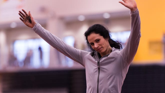 Jenn Suhr is introduced before competing at RIT on Dec. 27, 2015.
