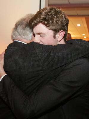 HVK Scholarship recipient Devon Kaat, right, hugs Herbert V. Kohler, Jr., followoing being named the recipient for 2018, at a scholarship banquet at Five Pillars Supper Club, Tuesday, May 2, 2018 in Random Lake, Wis.
