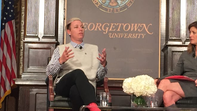 Abby Wambach speaks at the OWN IT Summit at Georgetown University on April 9.