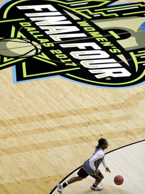 Mississippi State guard Jacaira Allen (12) moves the ball up court during a practice session for the women's NCAA Final Four college basketball tournament, Thursday, March 30, 2017, in Dallas. Mississippi State will play Connecticut on Friday.