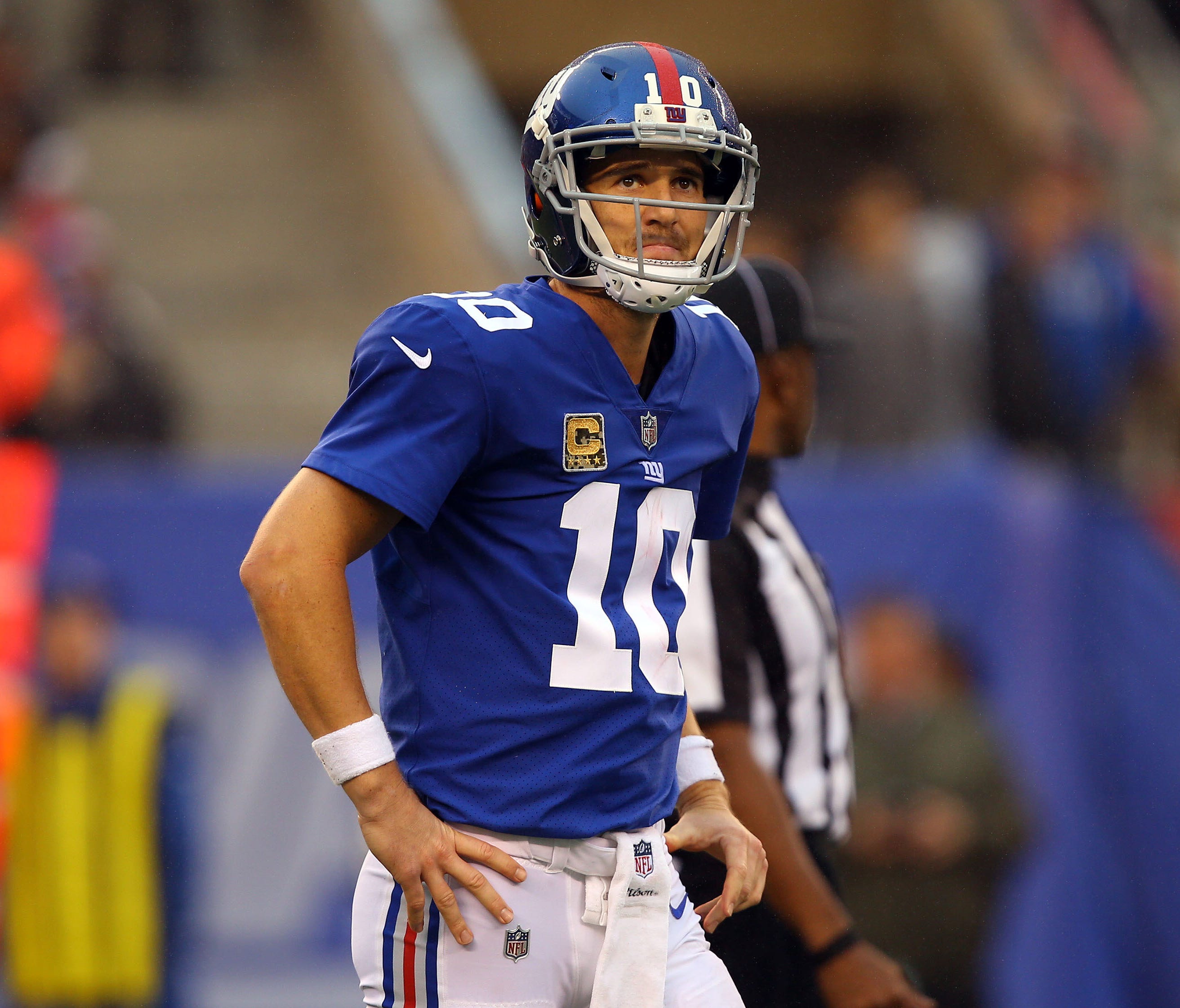 New York Giants quarterback Eli Manning (10) reacts after a play against the New York Giants during the second half at MetLife Stadium.
