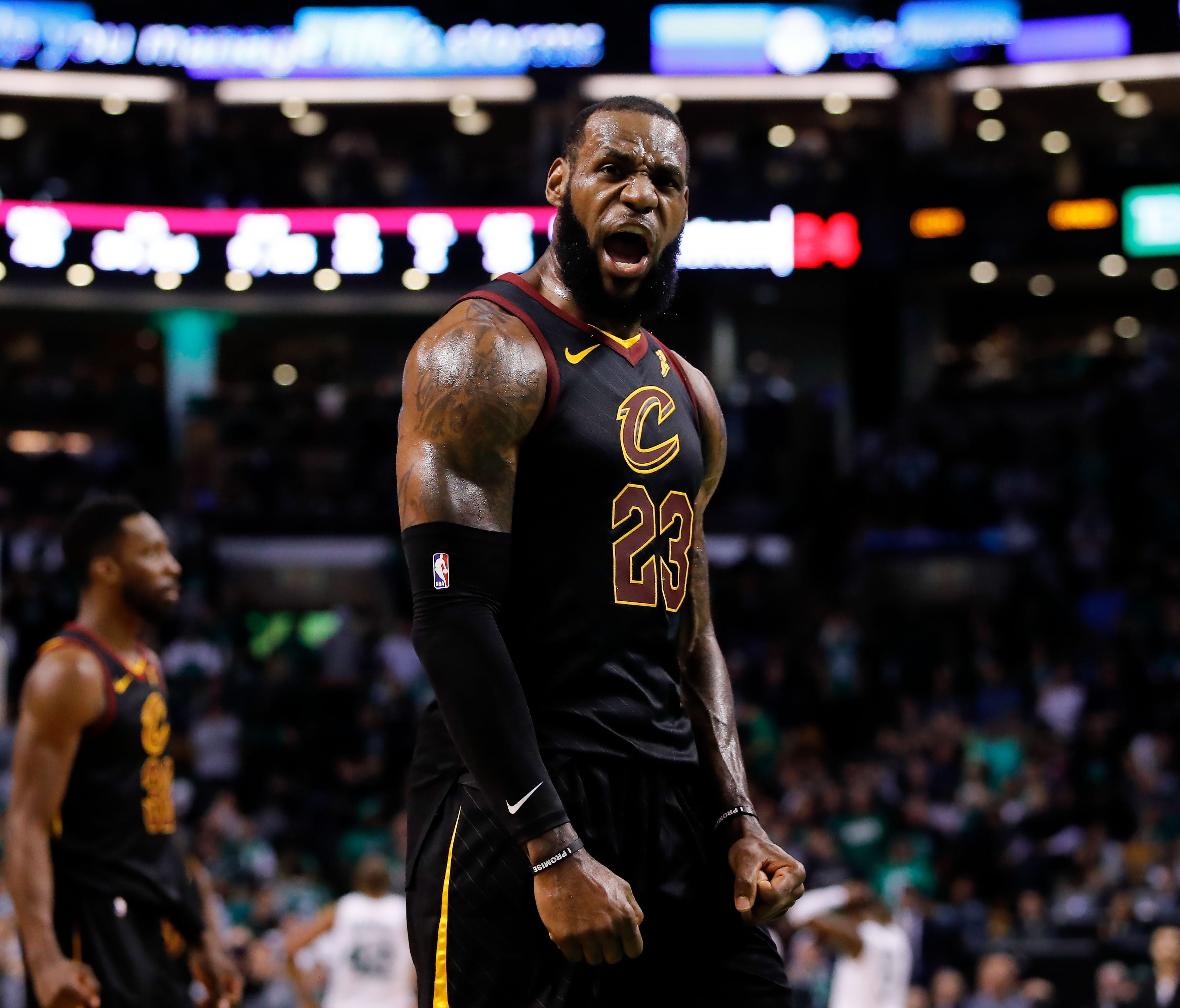 Cleveland Cavaliers forward LeBron James (23) celebrates after drawing foul against the Boston Celtics during the fourth quarter in game seven of the Eastern conference finals of the 2018 NBA Playoffs at TD Garden.