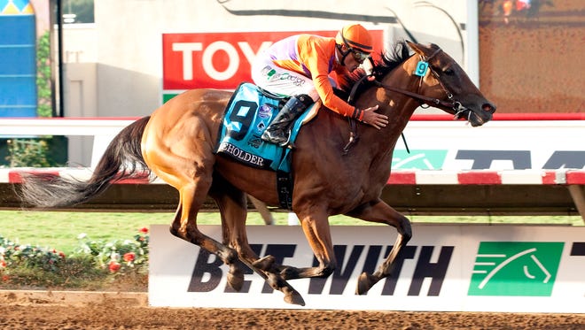 Spendthrift Farms' Beholder, a 5-year-old mare,  and jockey Gary Stevens dusted the boys to easily win the Grade I $1,000,000 TVG Pacific Classic Saturday, August 22, 2015 at Del Mar Thoroughbred Club, Del Mar, CA.  ©Benoit Photo