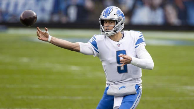 Detroit Lions quarterback Matthew Stafford (9) passes the ball during the second quarter of an NFL football game against the Tennessee Titans, Sunday, Dec. 20, 2020, in Nashville, Tenn.