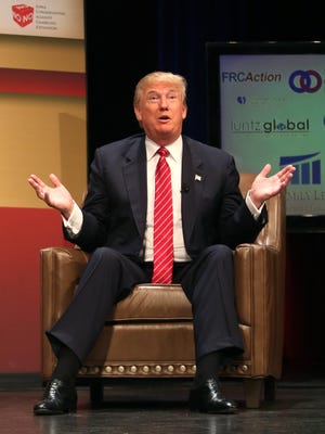 Republican presidential candidate and businessman Donald Trump addresses questions of religion and his recent comments about Mexico during the Family Leader Summit on Saturday, July 18, 2015, at Stephens Auditorium in Ames, Iowa.