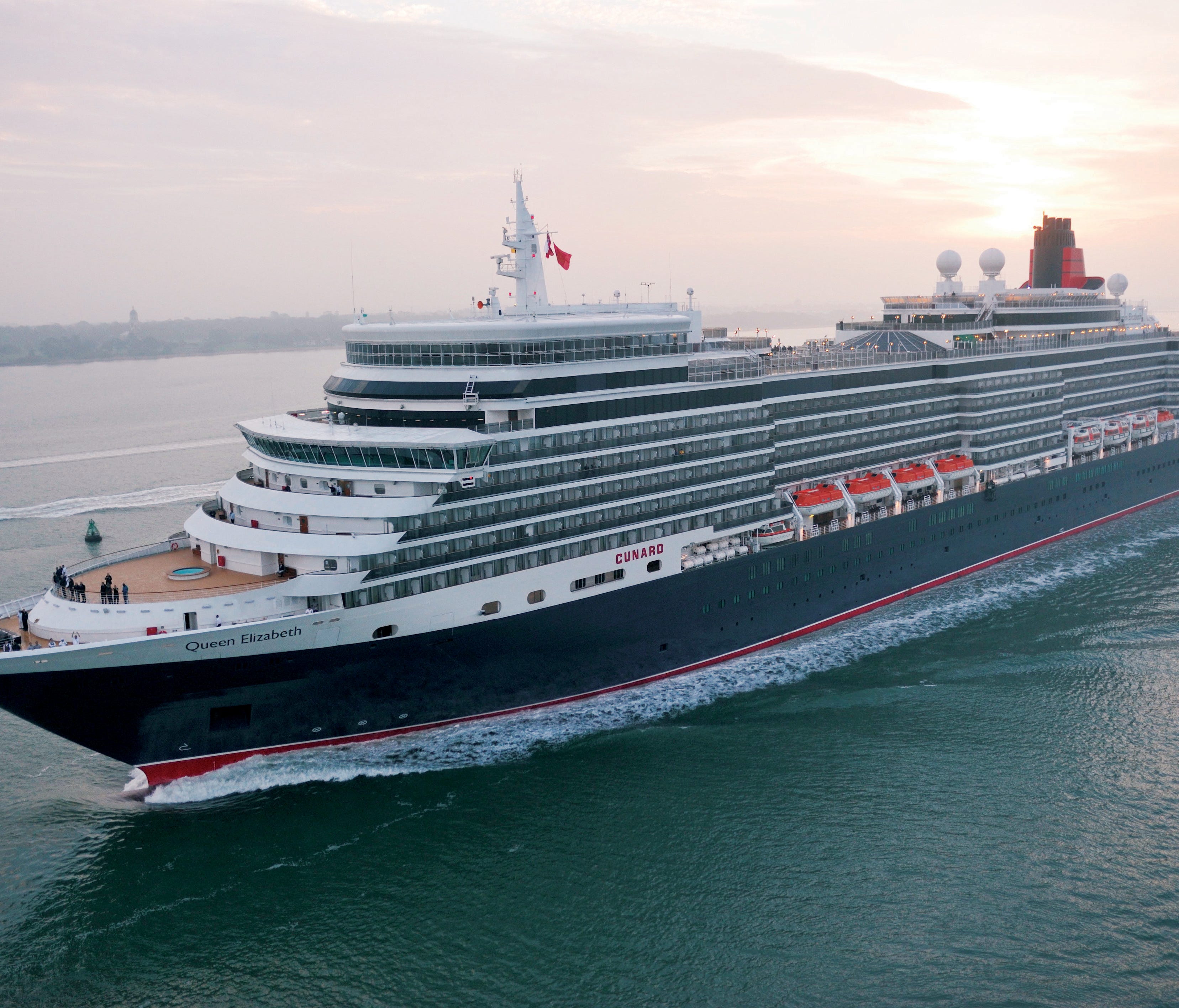 Cunard's Queen Elizabeth arriving in Southampton, England.