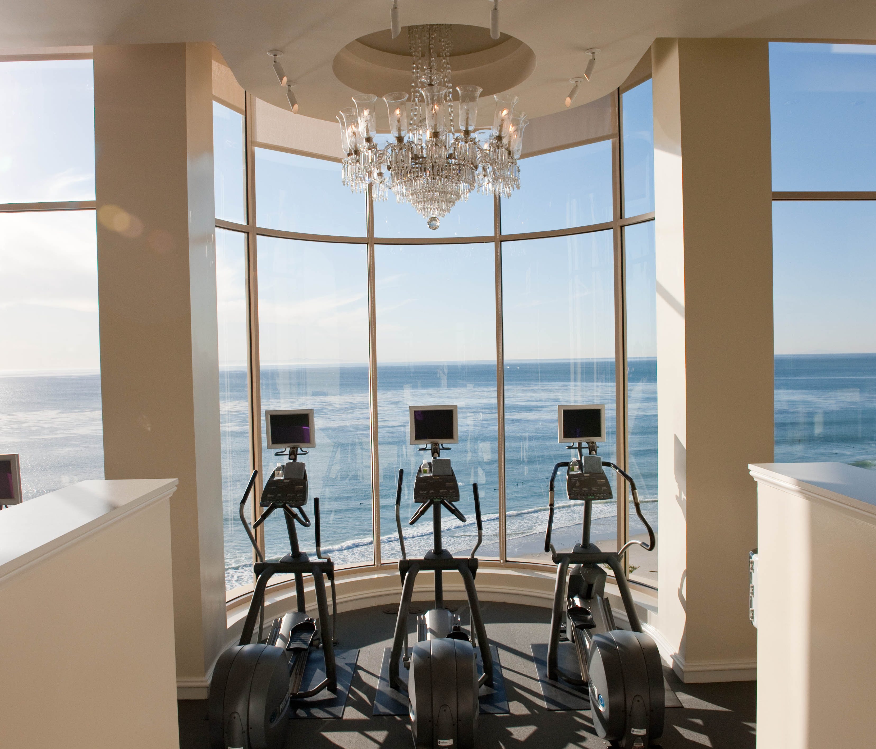 The Ritz-Carlton Laguna Niguel, Orange County, Calif.: Orange County (aka the O.C.) isn't shy about adding a little bling, and this Ritz-Carlton gym follows suit. Orchids the color of Concord grapes greet guests at the entrance, and mirrors trimmed i
