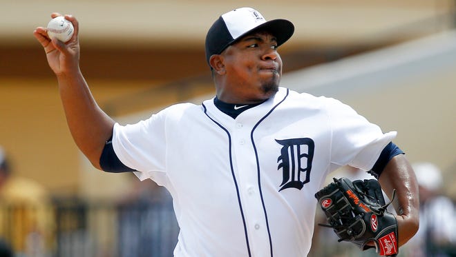Detroit Tigers pitcher Angel Nesbitt throws during the first inning against the New York Yankees on Thursday, April 2, 2015, at Joker Marchant Stadium.