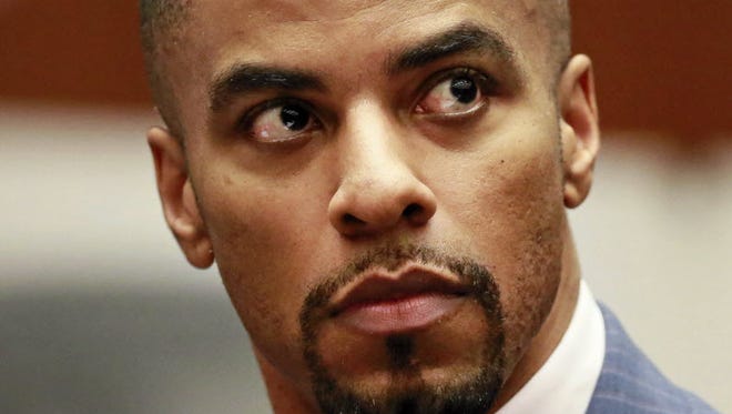 Darren Sharper appears in Los Angeles Superior Court on Monday to plead no contest to sexual assault of two women. He pleaded guilty to similar crimes in Arizona and Nevada, and is set to do the same in Louisiana next month.