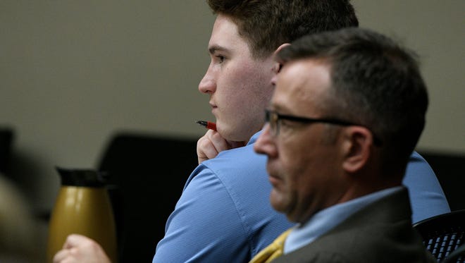 William Riley Gaul and his defense attorney Wesley Stone  Tuesday, May 1, 2018. Gaul, a former Maryville College football player, is charged in the 2016 shooting death of his 16-year-old ex-girlfriend Emma Jane Walker.
