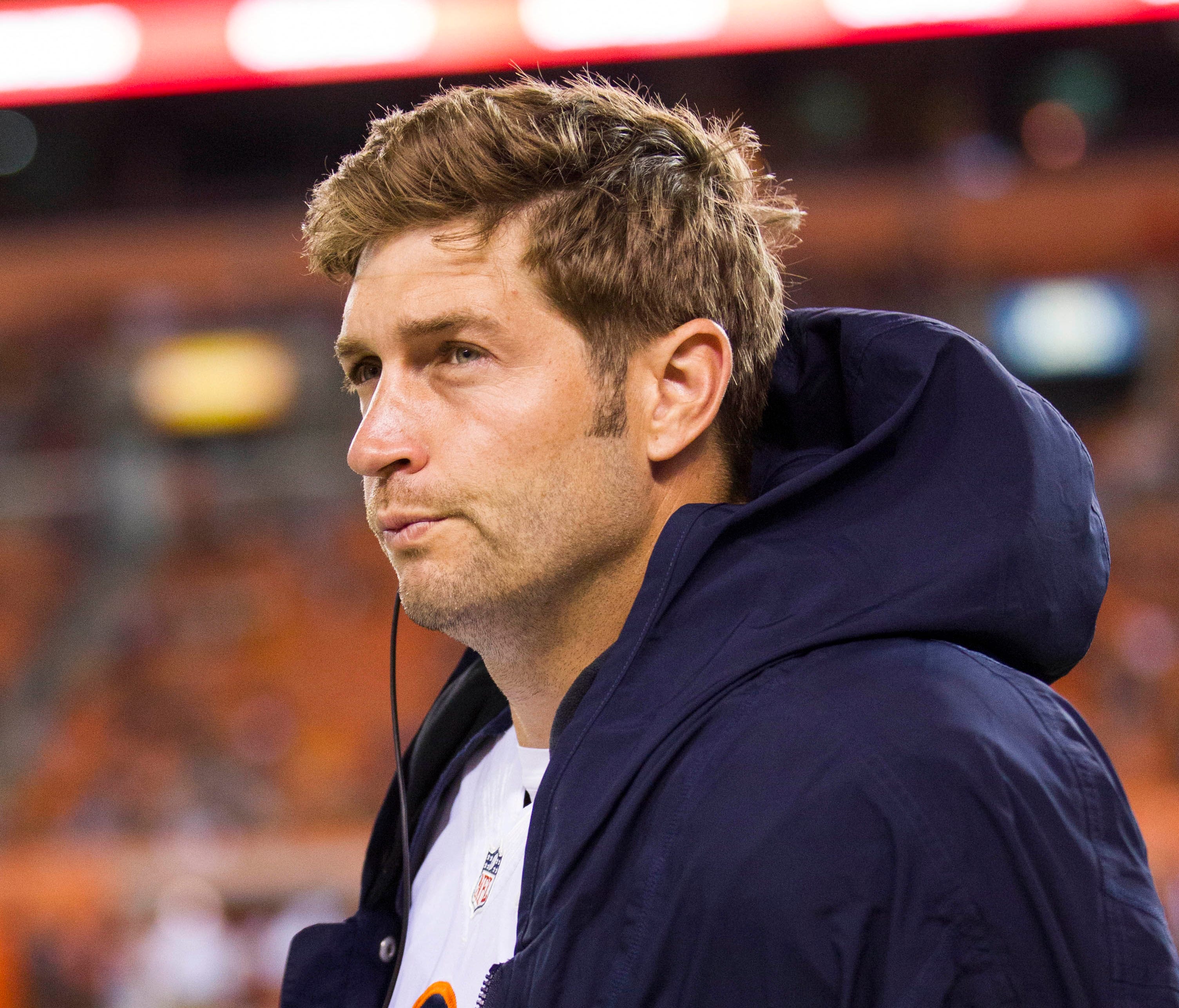 Chicago Bears quarterback Jay Cutler (6) walks the sidelines during the third quarter against the Cleveland Browns at FirstEnergy Stadium.