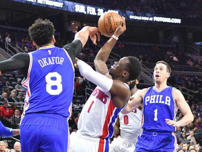 76ers Jahlil Okafor fouls Pistons Reggie Jackson going