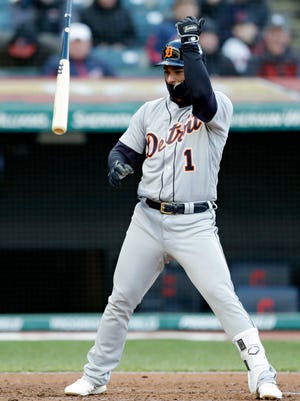 Detroit Tigers' Jose Iglesias throws his bat after striking out against Cleveland Indians starting pitcher Corey Kluber in the fifth inning of a baseball game, Monday, April 9, 2018, in Cleveland. (AP Photo/Tony Dejak)