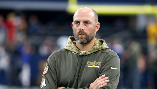 Kansas City Chiefs Offensive Coordinator Matt Nagy stands on the field watching warm ups before an NFL football game against the Dallas Cowboys on Sunday, Nov. 5, 2017, in Arlington, Texas.