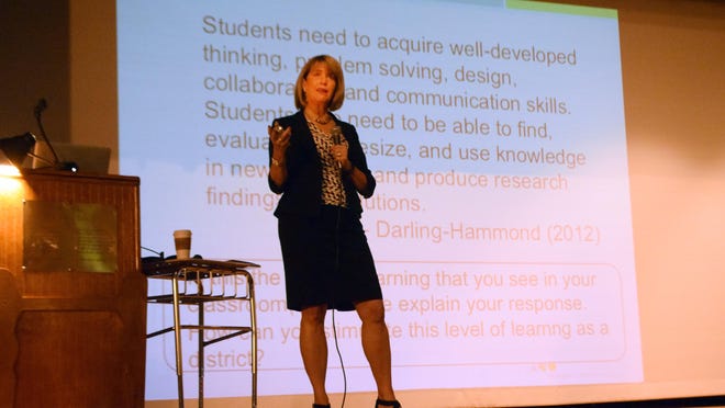 Connie Kamm, a professional development associate with The Leadership and Learning Center, is discusses “grit, growth and inquiry” as keynote speaker at the Rapides Parish School District's Summer Institute session at Peabody Magnet High School on Wednesday.