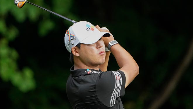 Si Woo Kim, of South Korea, drives on the second hole during the third round of the Wyndham Championship golf tournament at Sedgefield Country Club on Saturday, Aug. 15, 2020, in Greensboro, N.C.