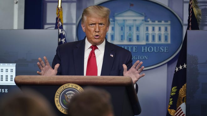President Donald Trump speaks during a news conference at the White House, Tuesday, July 28, 2020, in Washington.
