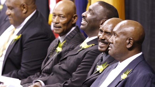 Grambling greats Willie Davis, left, Willie Brown, Doug Williams, center, Charlie Joiner and James