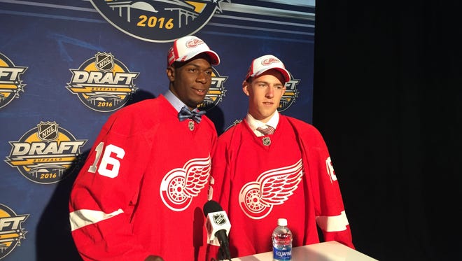 Givani Smith, left, was the Red Wings’ first pick Saturday, the 46th overall selection (second round) in the draft. Czech Republic defenseman Filip Hronek was the team's second pick in the second round.