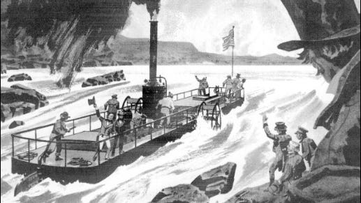 Illustration of Iron Steamboat Codorus tackling Nanticoke Falls (From the Article “America’s first iron ship,” by Alexander C. Brown, in Steelways issue of Sept./Oct., 1966; page 24.)