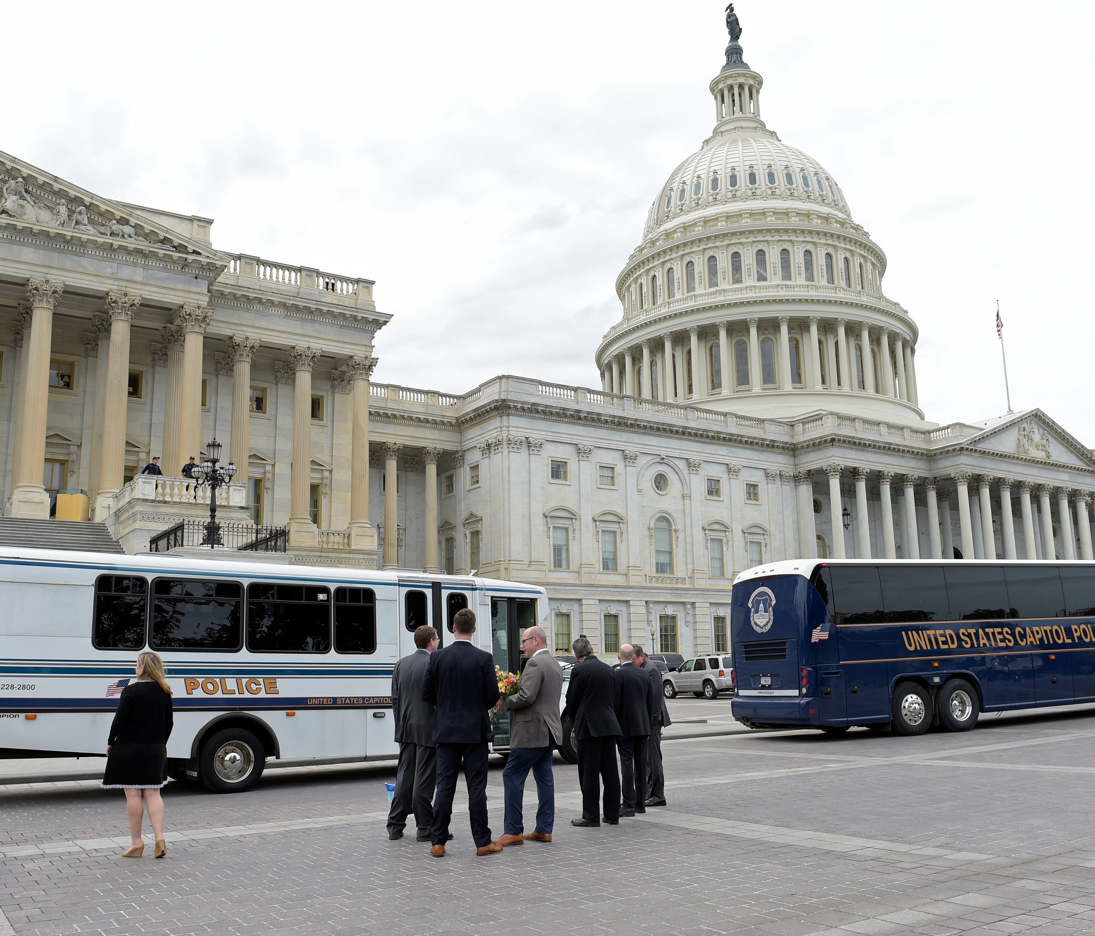 House Republicans prepare to leave Capitol Hill for the White House on May 4, 2017, after the Republican health care bill passed in the House.