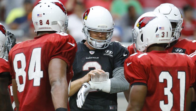 Arizona Cardinals quarterback Carson Palmer (3) reads a play from his wristband during training camp Wednesday, Aug. 16, 2017, in Glendale, Ariz.