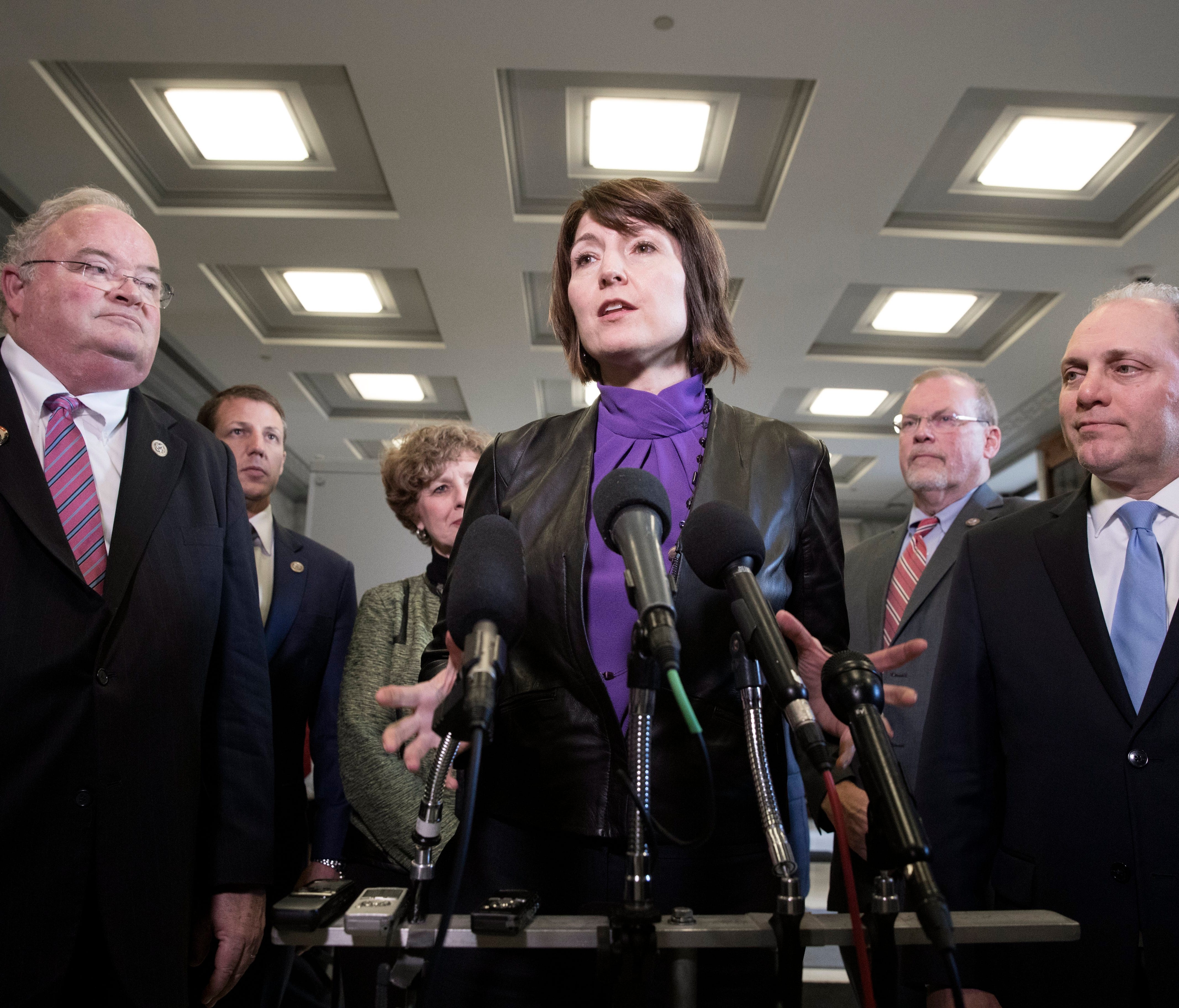 Rep. Billy Long, R-Mo., appears with two House GOP leaders, Washington Rep. Cathy McMorris Rodgers and Louisiana Rep. Steve Scalise, at a news conference after the House Energy and Commerce Committee voted to advance the American Health Care Act on M