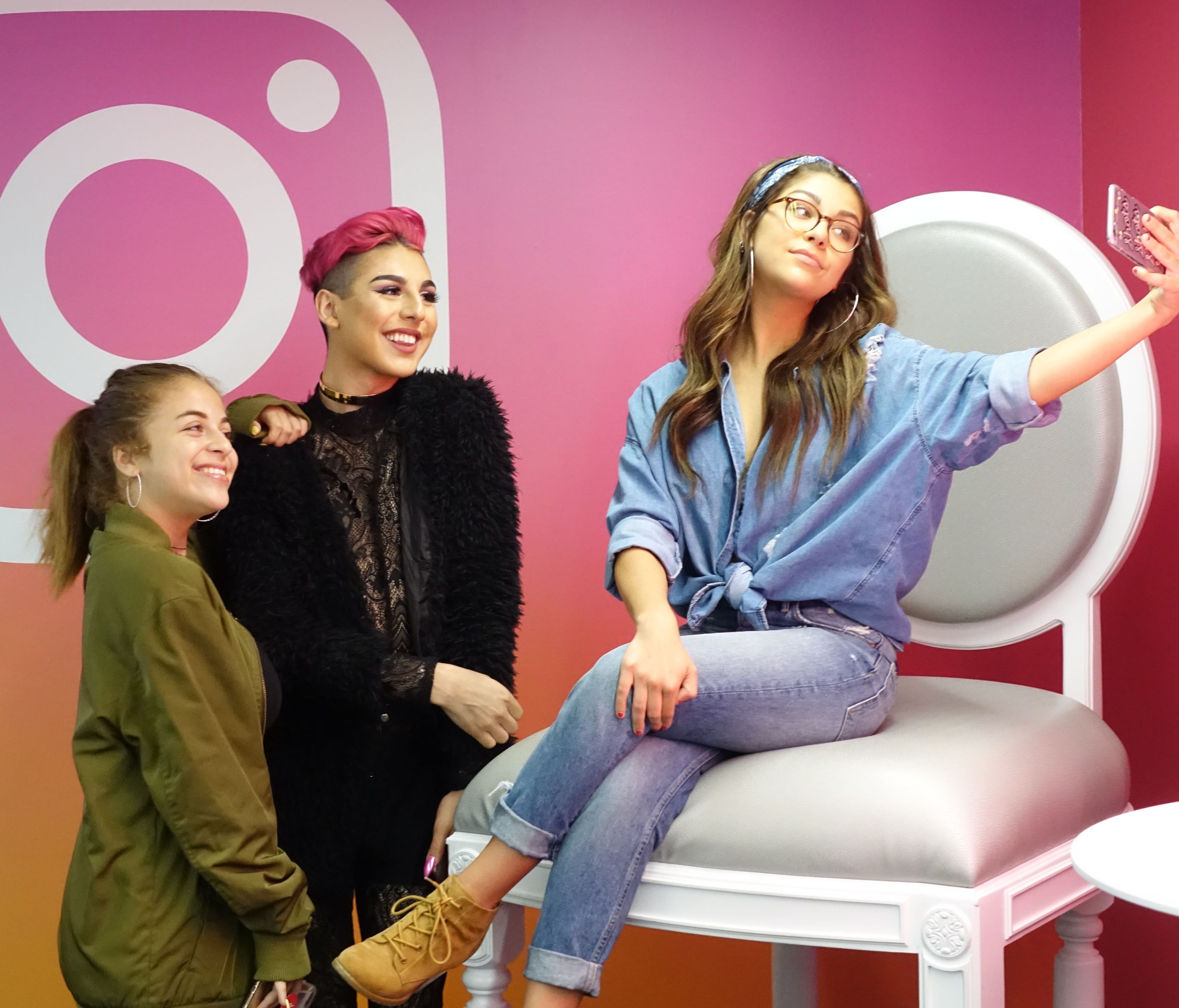 Instagram stars Baby Ariel, Keanu Balani and Andrea Russett pose for Selfies at Instagram's Los Angeles outpost