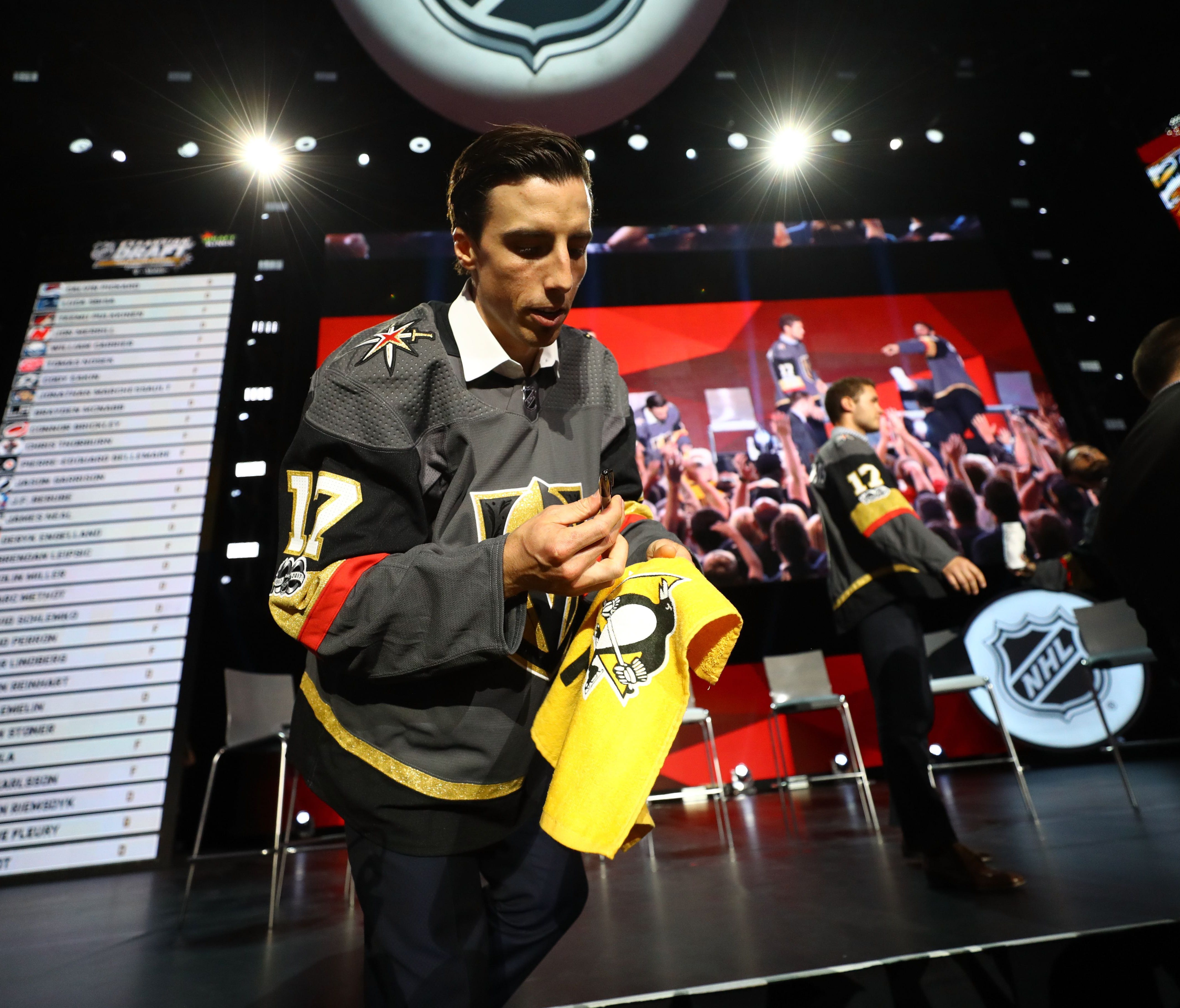 Marc-Andre Fleury signs an autograph after being selected by the Las Vegas Golden Knights during the expansion draft