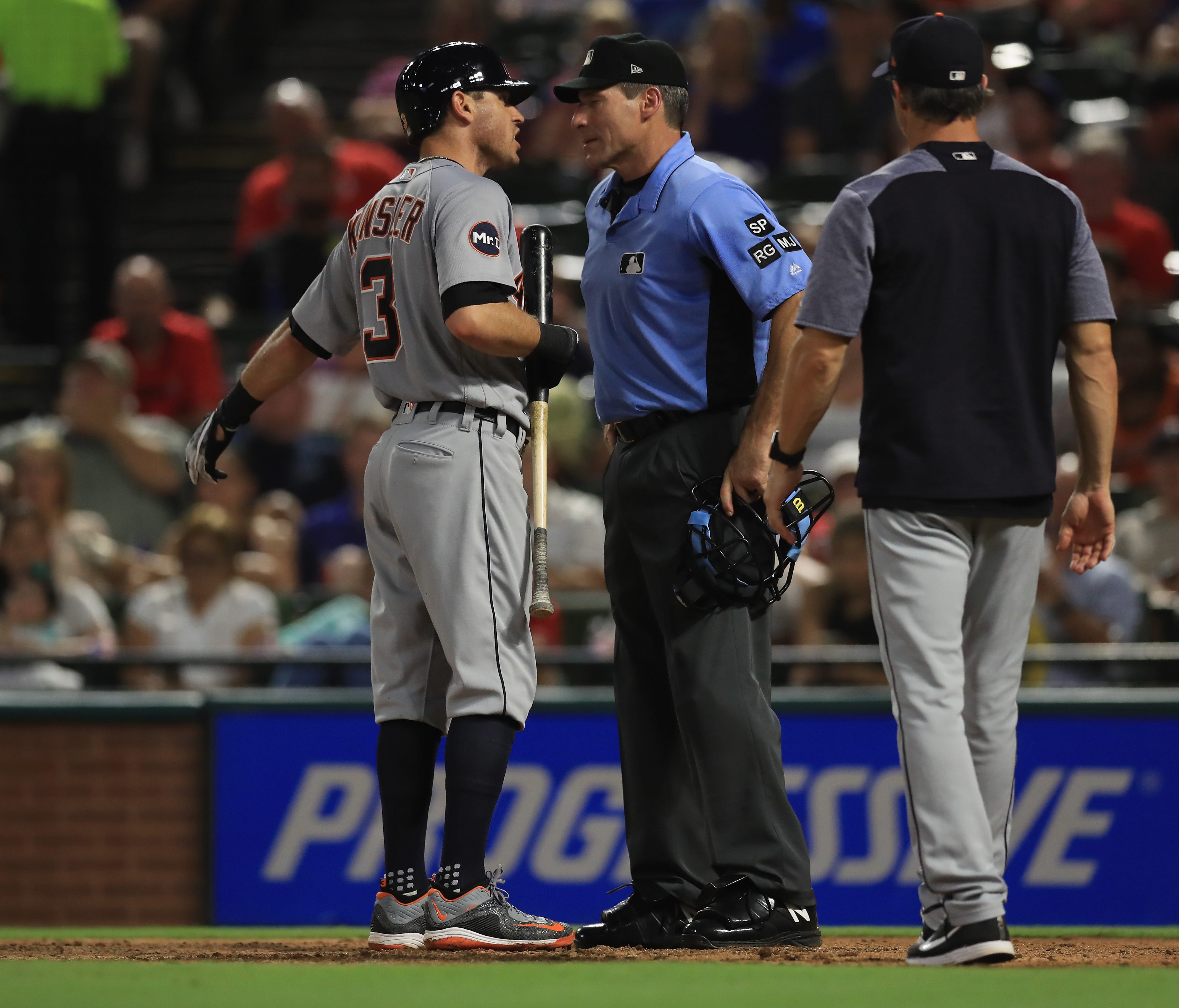 Tigers second baseman Ian Kinsler after being ejected by home plate umpire Angel Hernandez during the Tigers' 6-2 loss to the Rangers on Monday, Aug. 14, 2017, in Arlington, Texas.