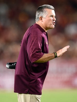 Arizona State Sun Devils head coach Todd Graham yells to his team during the second half against the Southern California Trojans at Los Angeles Memorial Coliseum.