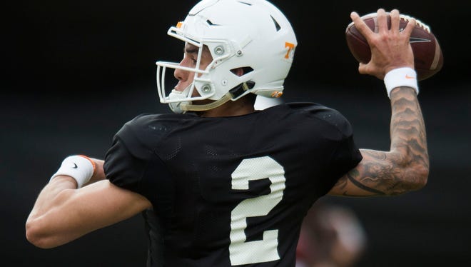 Jarrett Guarantano during a University of Tennessee football practice Tuesday, March 27, 2018.