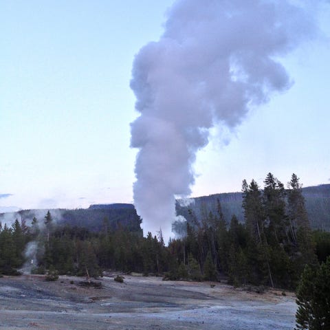 Steamboat Geyser, in Yellowstone National Park in...