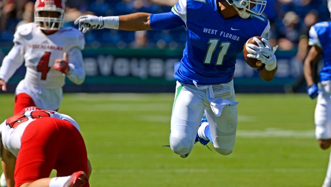 UWF receiver Ishmel Morrow, shown last week jumping over a West Alabama defender, will need a big game along his offensive teammates when facing No. 7 North Alabama on Saturday in Florence, Ala.