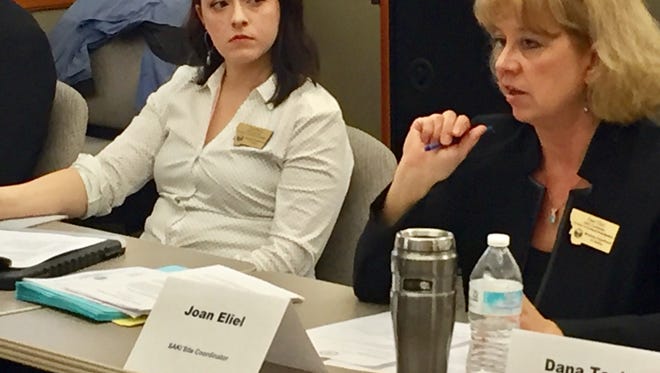 Joan Eliel, right, speaks Tuesday to the Sexual Assault Kit Initiative Task Force earlier this year.