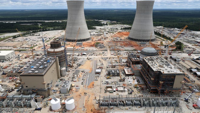 An aerial view shows the two new reactors under construction at Plant Vogtle. Unit 3 is on the left and unit 4 is on the right.