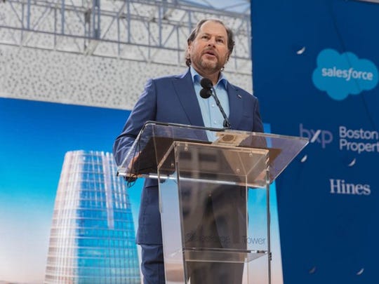 Salesforce chairman and Co-CEO Marc Benioff presenting at an event.