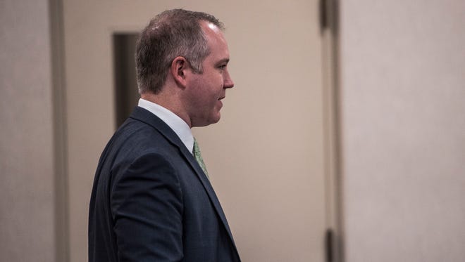 Defense attorney Lucas Collins questions Dr. David Rosmarin, a Boston-based psychiatrist who diagnosed Veronica Lewis, who refused to be transported for her competency hearing at Vermont Superior Court on Tuesday, Jan. 24, 2017. 