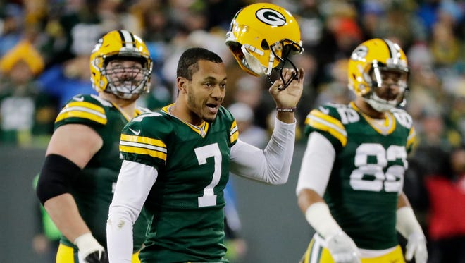 Green Bay Packers quarterback Brett Hundley (7) walks off the field after a failed 3rd down conversion in the second quarter at Lambeau Field on Monday, November 6, 2017 in Green Bay, Wis.