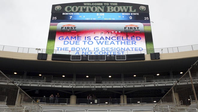The First Responder Bowl between Boston College and Boise State was canceled due to weather and was designated a no contest after multiple lighting delays Wednesday in Dallas.