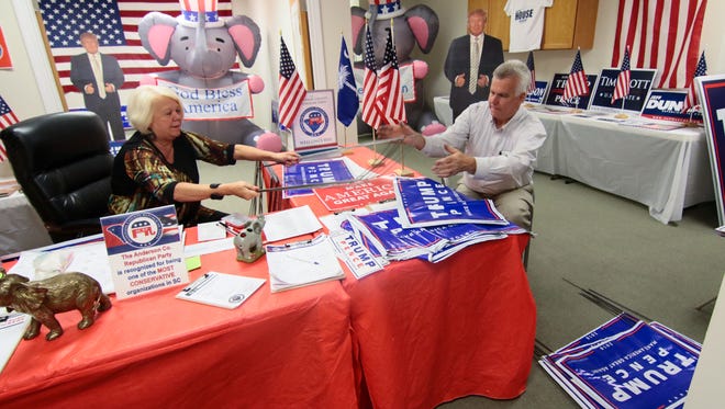 Ruby King Gerisch, left, and Anderson County Republican Party Chairman Dan Harvell put together Donald Trump signs in the party's office on North Main Street in Anderson.