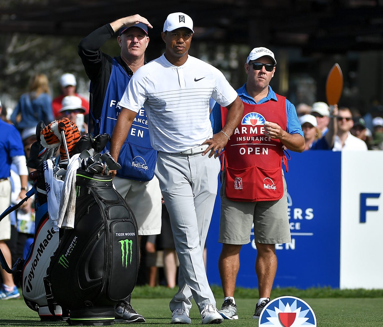 Tiger Woods looks on on the first tee during the third round of the Farmers Insurance Open at Torrey Pines South.