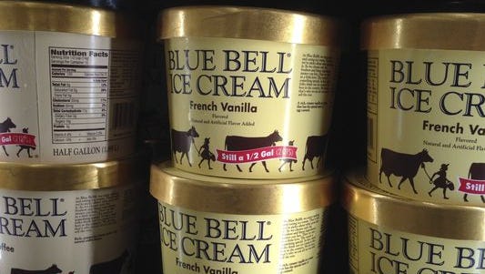 Blue Bell ice cream on a grocery store shelf in Lawrence, Kan., on April 10, 2015.